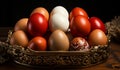 A Colorful Array of Fresh Eggs in a Ceramic Bowl on a Wooden Table