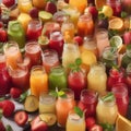 A colorful array of fresh fruit juices in glass bottles with striped straws3