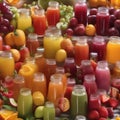 A colorful array of fresh fruit juices in glass bottles with striped straws2