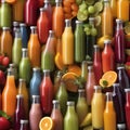 A colorful array of fresh fruit juices in glass bottles with striped straws4