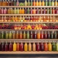A colorful array of fresh fruit juices in glass bottles with striped straws1