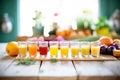 colorful array of fresh juice in shot glasses