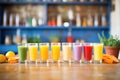 colorful array of fresh juice in shot glasses