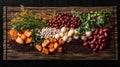 Colorful array of fresh vegetables and beans on bamboo mat Lughnasadh Royalty Free Stock Photo