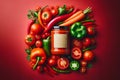 A colorful array of fresh vegetables and a jar of sauce on a striking red background. The vegetables include tomatoes Royalty Free Stock Photo