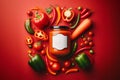 a colorful array of fresh vegetables and a jar of sauce on a striking red background. The vegetables include tomatoes Royalty Free Stock Photo