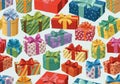 A colorful array of gift boxes is depicted, each adorned with decorative ribbons and bows. The Royalty Free Stock Photo
