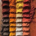 Colorful array of ground spices displayed in rows on wooden surface Royalty Free Stock Photo
