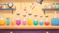 Colorful array of laboratory glassware filled with various colorful chemical solutions during an experiment Royalty Free Stock Photo