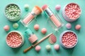 Colorful array of makeup products and beauty tools on a teal background with various pastel colored balls and containers Royalty Free Stock Photo