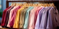 Colorful array of neatly arranged blouses on hangers. AI generation