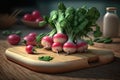 A colorful array of radishes displayed on a sturdy wooden chopping board