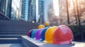 Colorful Hard Hats Line up on Ledge in Downtown Urban Scene Royalty Free Stock Photo