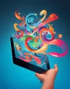 A colorful array of social media icons swirl around an iPad held in a hand, creating a mesmerizing display of light and movement.