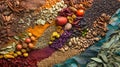 A colorful array of spices, herbs, and dried fruits arranged artistically Royalty Free Stock Photo