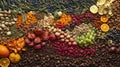 A colorful array of spices, herbs, and dried fruits arranged artistically Royalty Free Stock Photo