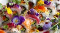 A colorful array of sushi rolls expertly crafted with fresh locally sourced fish and creatively paired with a variety of