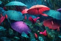 A colorful array of umbrellas are open in the rain