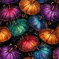 A colorful array of umbrellas overlapping with a playful pattern.