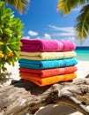 A colorful array of vibrant beach towels neatly folded on a stack of driftwood, ready for sunbathing Royalty Free Stock Photo