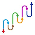 Colorful arrow chart. Curved upward arrows. Multi-directional flow. Vector progress symbol.