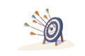 Colorful arrow hitting target mark vector illustration. Multiple arrows exactly into goal of dartboard isolated on white Royalty Free Stock Photo