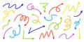 Colorful Arrows Doodle Set. Collection of multicolored handdrawn arrows in various curved shapes and directions. Playful Royalty Free Stock Photo