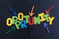 Colorful arrows pointing to the word OPPORTUNITY at the center o