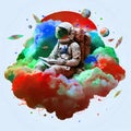 Colorful art backdrop with cosmonaut in clouds with book