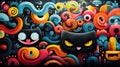 A colorful art of cats and swirls