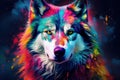 Colorful art - the head of a husky dog painted with spots splashes of paint
