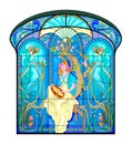 Colorful Art Nouveau stained glass window. Illustration of beautiful girl playing tambourine. Jugendstil architectural style. Royalty Free Stock Photo