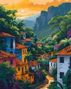 Colorful Art Painting of Paraguay, South Americas Vibrant City with Trees and Mountains