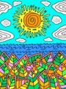 Colorful art - summer landscape with sun and leaves and sea. Color doodle artwork. Vector illustration Royalty Free Stock Photo