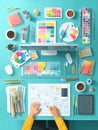 Creative Portfolio Design Process Displayed on a Colorful Desk With Various Art Tools and Top Layout Software in Use Royalty Free Stock Photo