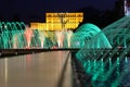 Colorful artesian fountains at Unirii Square in Bucharest city.