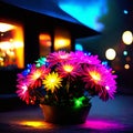Colorful artificial flower in a pot on the background of a cozy house Generative AI