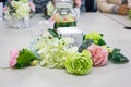 Colorful artificial flower on table, flower arrangement workshop Royalty Free Stock Photo