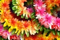 Colorful artificial flowers background, closeup of beautiful colorful flowers