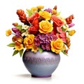 Colorful artificial flowers bouquet in vase isolated on white background