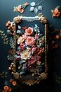 Colorful artificial flowers in a luxurious frame in pastel colors