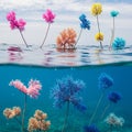 Colorful artificial trees with thin trunks are shown partially submerged in clear water, Royalty Free Stock Photo