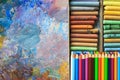 Colorful artist palette with pastel and oil brushes in art studio Royalty Free Stock Photo