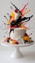 Colorful artistic cake with fruit and splash decor on white stand Royalty Free Stock Photo