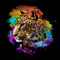 Colorful artistic leopard muzzle with bright paint splatters on dark background