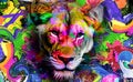 Colorful artistic leopard muzzle with bright paint splatters on dark background