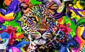 Colorful artistic leopard muzzle with bright paint splatters on dark background