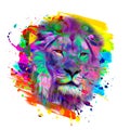 Colorful artistic lion muzzle with bright paint splatters on dark background.