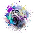 Colorful artistic monkey muzzle in eyeglasses with colorful paint splatters on white background. Royalty Free Stock Photo