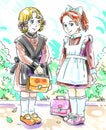 Two cartoon schoolgirls in old fashioned school dresses